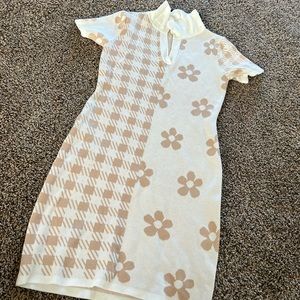 Tan/White Design Dress
